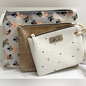 Disney Minnie Mouse 3 Piece Makeup Cosmetic Pouch Bags with Wrist Strap